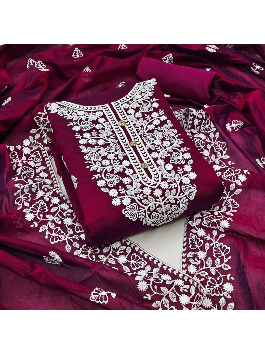 Peachmode Wine Floral Embroidered Chanderi Cotton Dress Material - Image 1