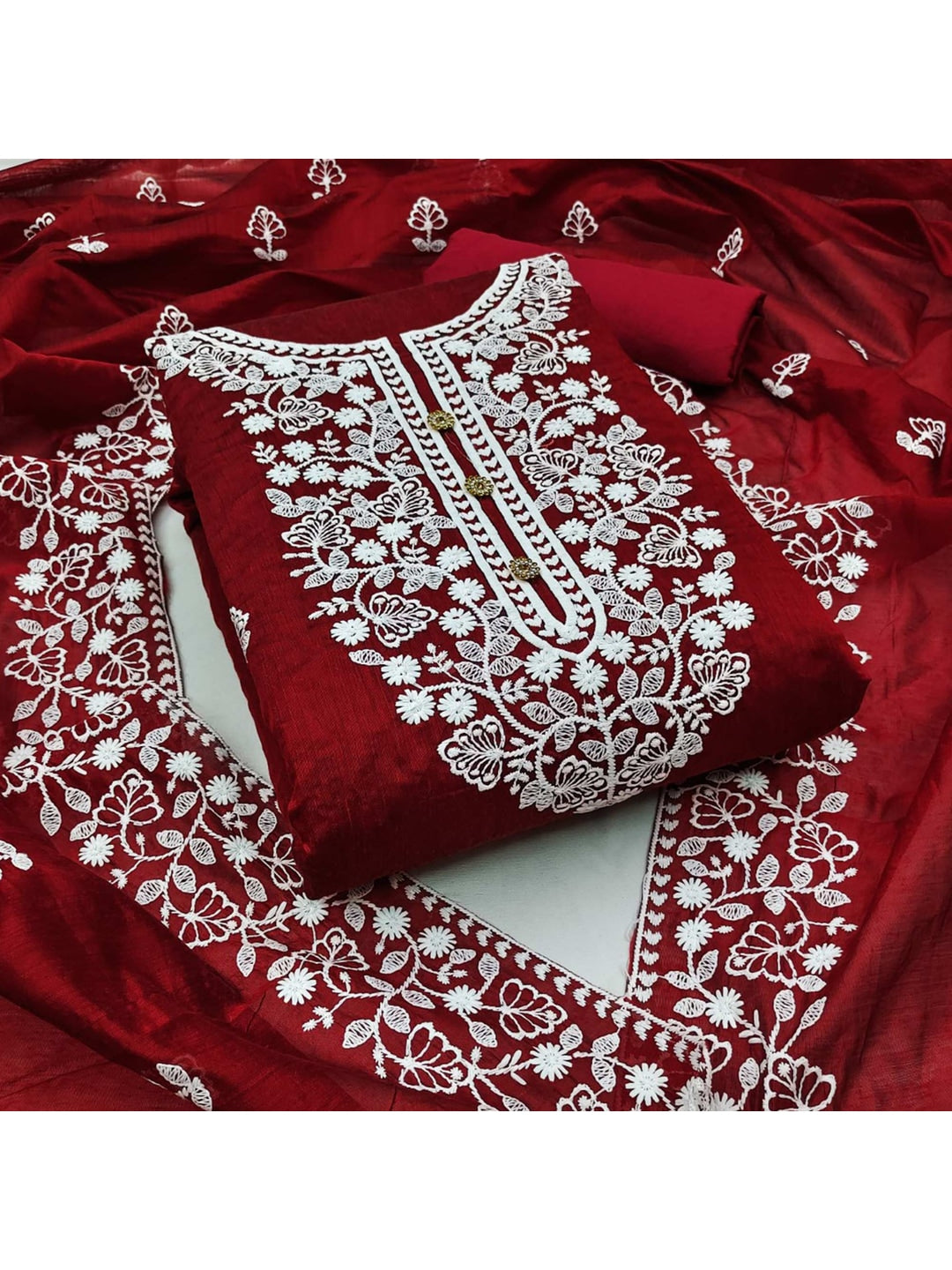 Peachmode Maroon Floral Embroidered Chanderi Cotton Dress Material - Image 2