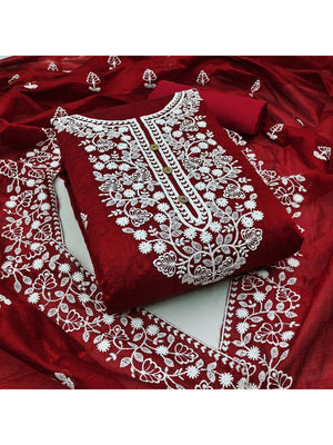 Peachmode Maroon Floral Embroidered Chanderi Cotton Dress Material - Image 2