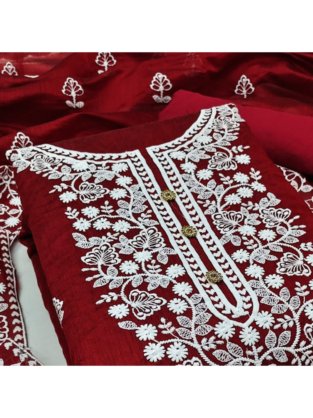 Peachmode Maroon Floral Embroidered Chanderi Cotton Dress Material - Image 4