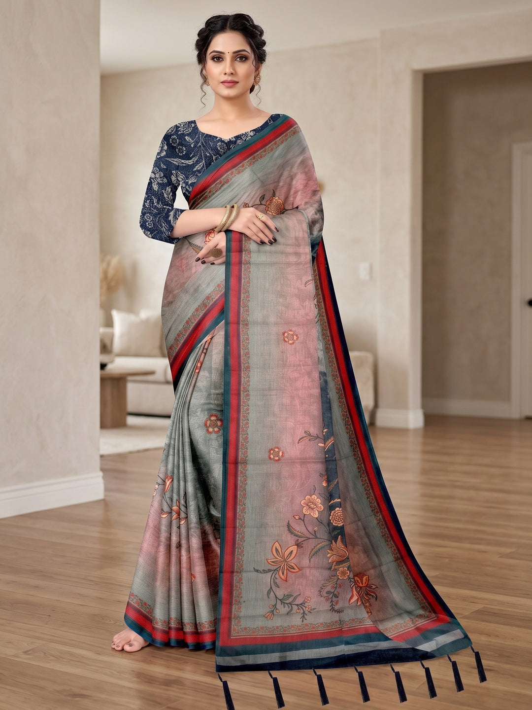 Peachmode Grey Digital Printed Tissue Cotton Saree - Image 1