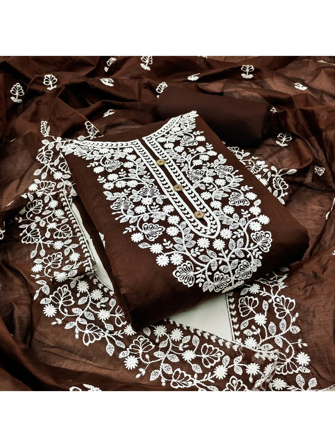 Peachmode Brown Floral Embroidered Chanderi Cotton Dress Material - Image 1