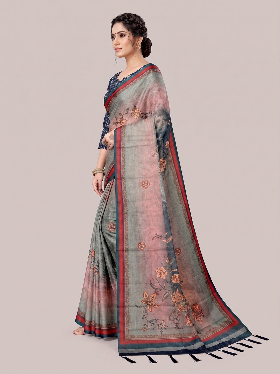Peachmode Grey Digital Printed Tissue Cotton Saree - Image 4