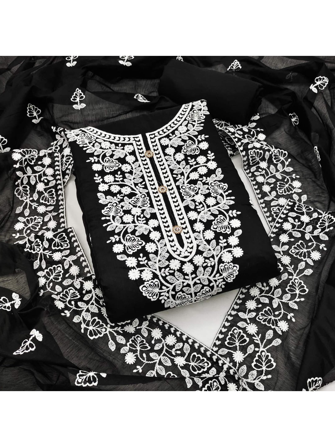 Peachmode Black Floral Embroidered Chanderi Cotton Dress Material - Image 1
