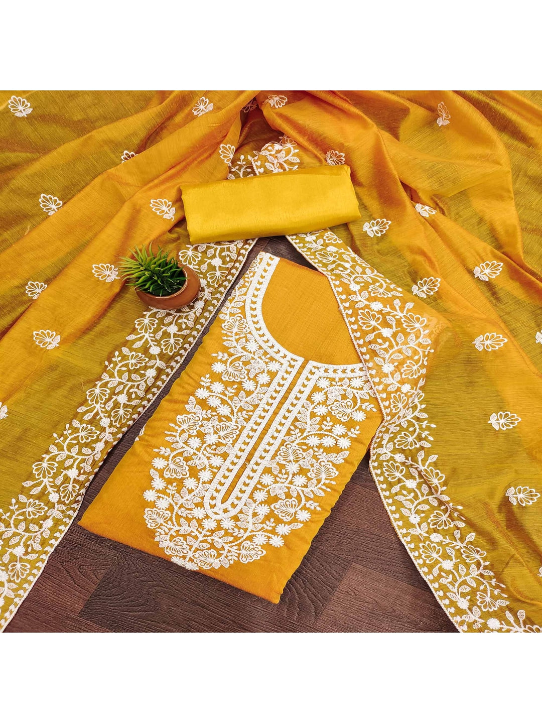 Peachmode Mustard Floral Embroidered Chanderi Cotton Dress Material - Image 2