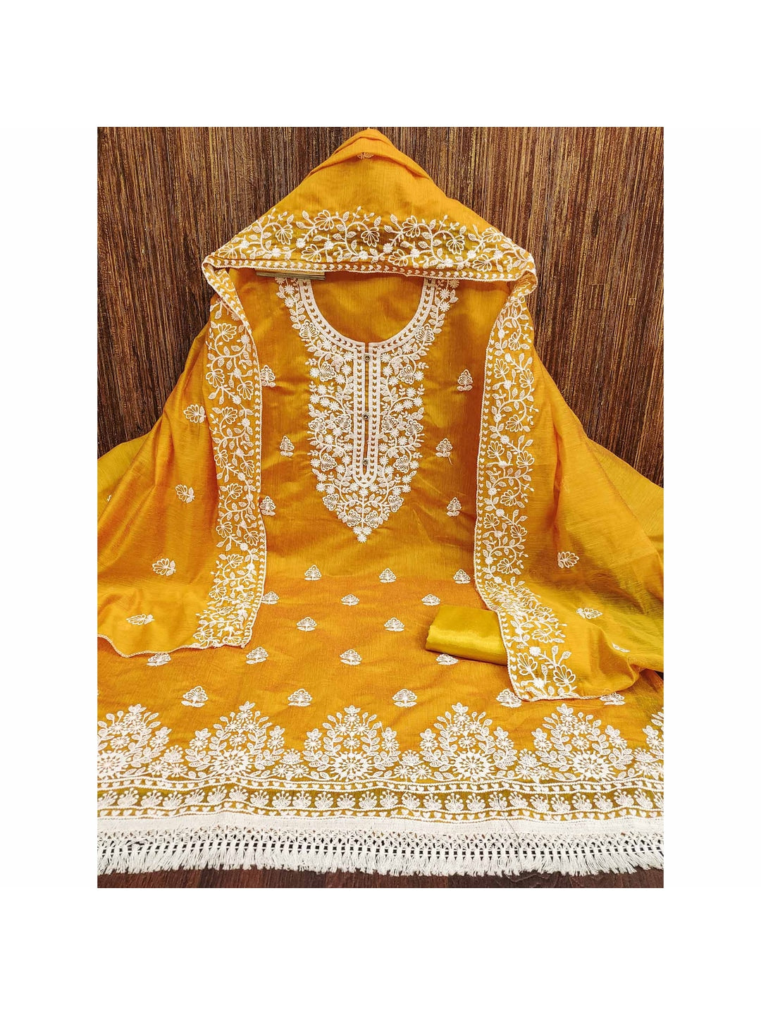 Peachmode Mustard Floral Embroidered Chanderi Cotton Dress Material - Image 3