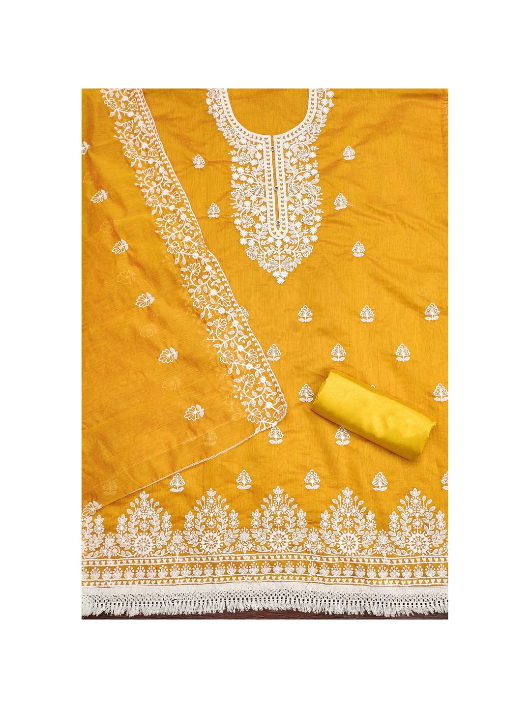 Peachmode Mustard Floral Embroidered Chanderi Cotton Dress Material - Image 4