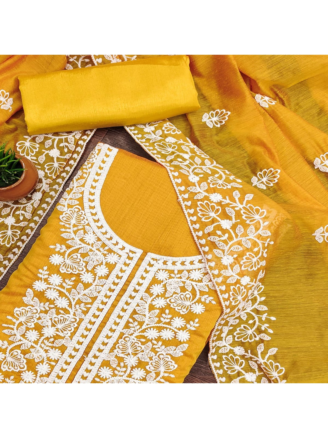Peachmode Mustard Floral Embroidered Chanderi Cotton Dress Material - Image 5
