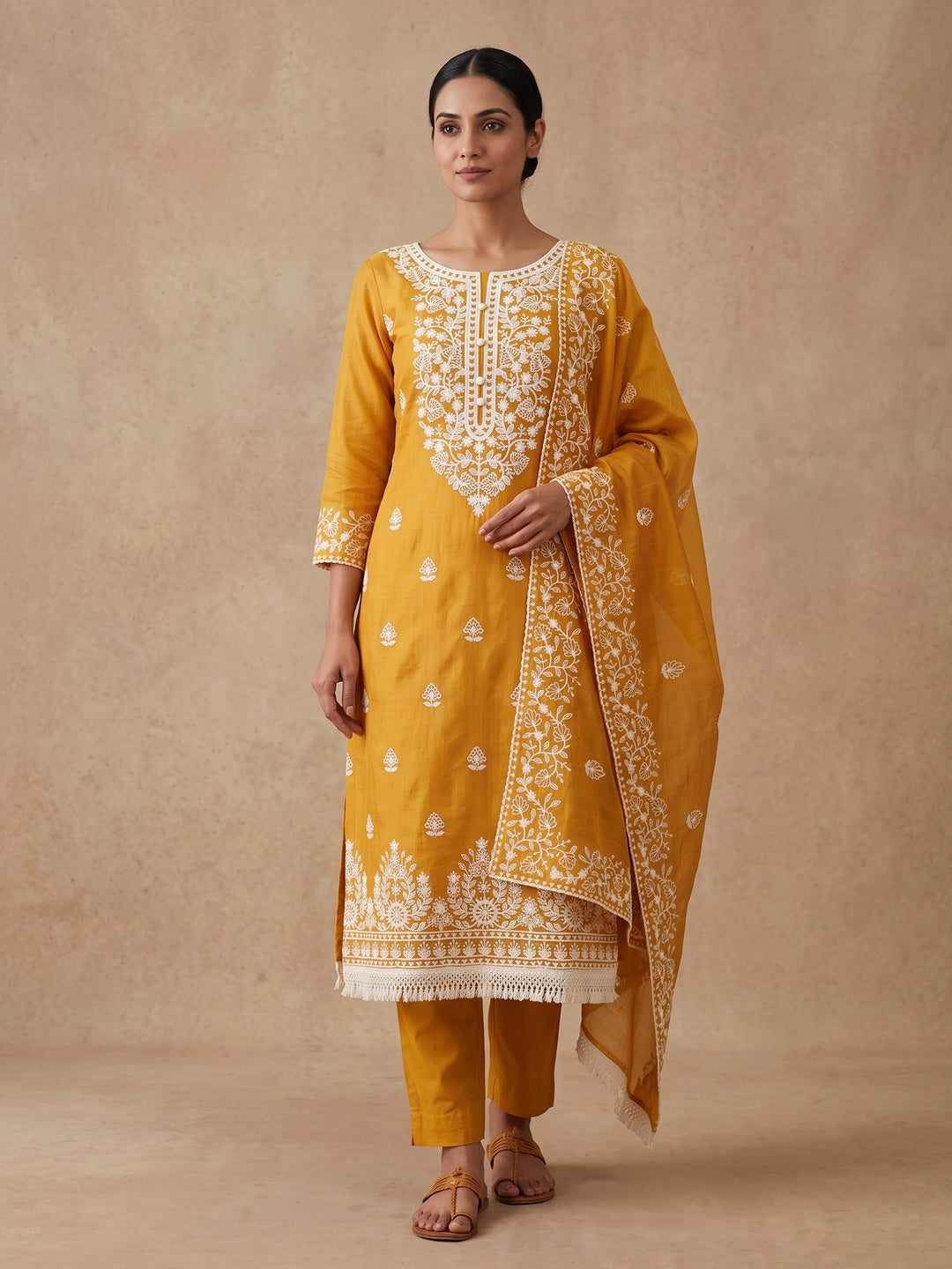 Peachmode Mustard Floral Embroidered Chanderi Cotton Dress Material - Image 1