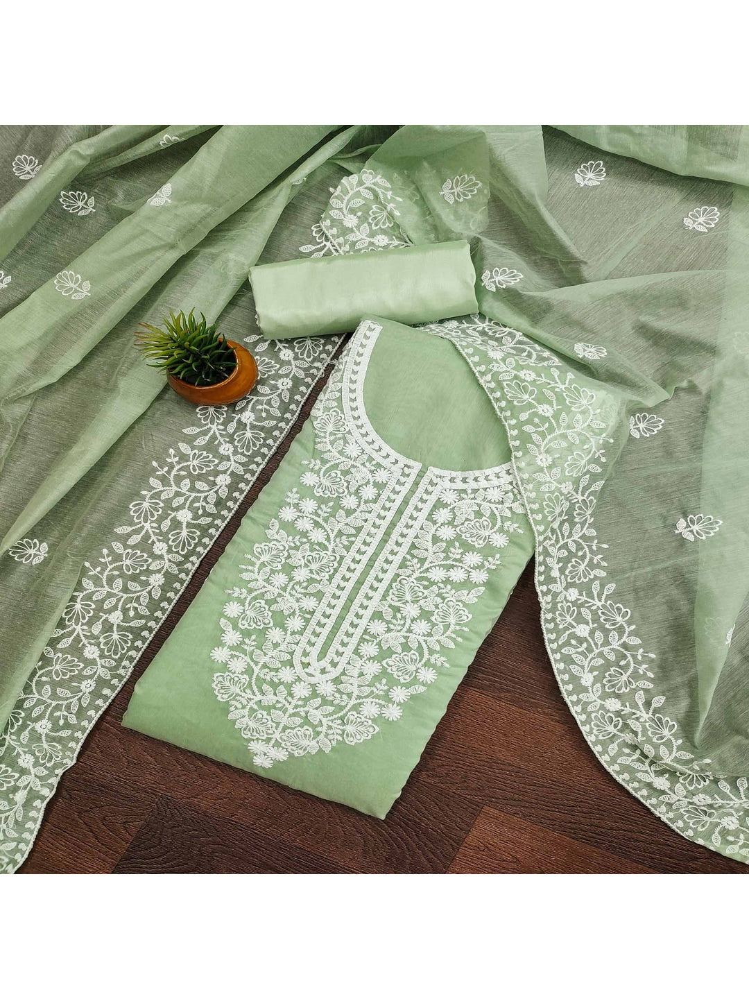 Peachmode Green Floral Embroidered Chanderi Cotton Dress Material - Image 2