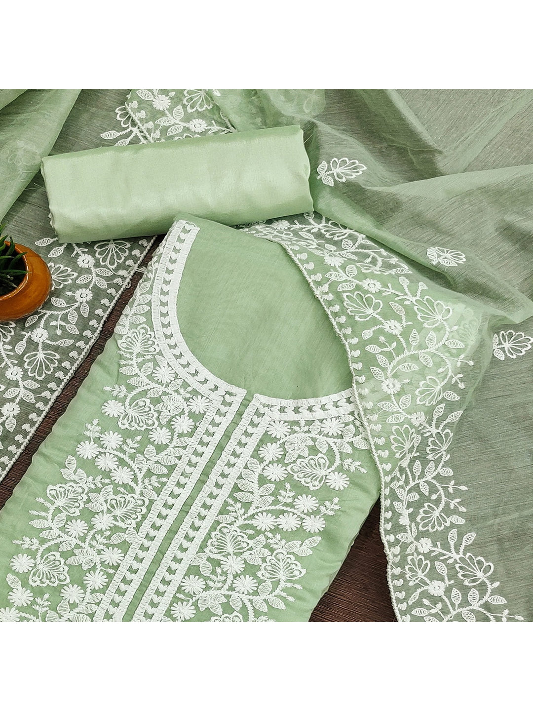 Peachmode Green Floral Embroidered Chanderi Cotton Dress Material - Image 4