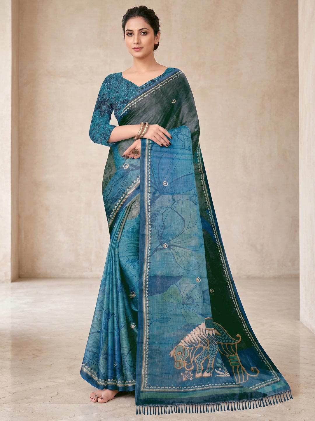Peachmode Blue Digital Printed Tissue Cotton Saree - Image 1