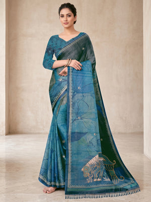 Peachmode Blue Digital Printed Tissue Cotton Saree - Image 1