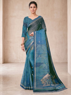 Peachmode Blue Digital Printed Tissue Cotton Saree - Image 2