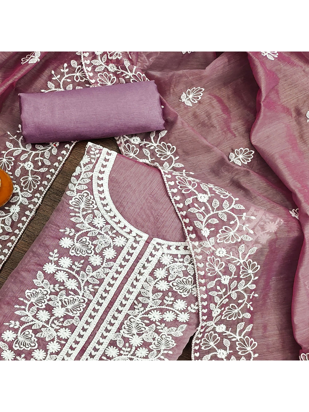 Peachmode Mauve Floral Embroidered Chanderi Cotton Dress Material - Image 4