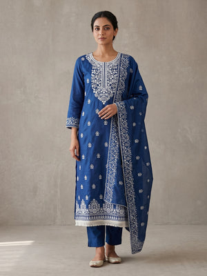 Peachmode Blue Floral Embroidered Chanderi Cotton Dress Material - Image 1
