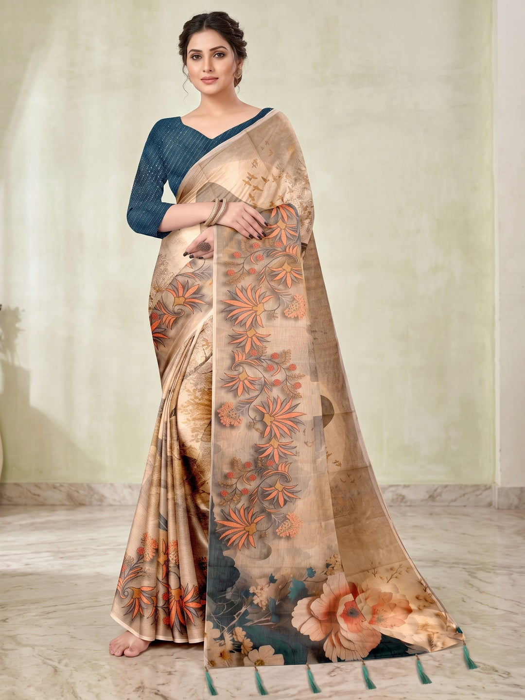 Peachmode Beige Digital Printed Tissue Cotton Saree - Image 1