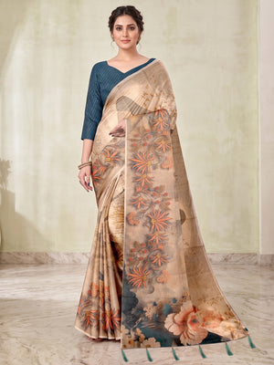Peachmode Beige Digital Printed Tissue Cotton Saree - Image 2