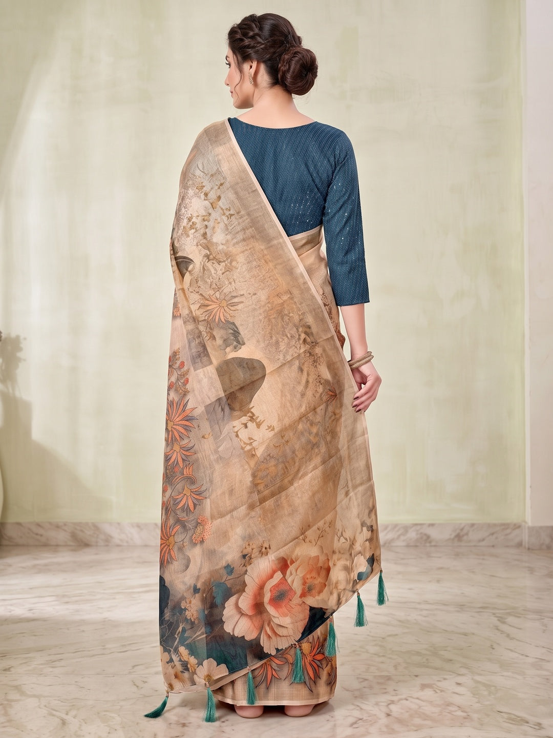 Peachmode Beige Digital Printed Tissue Cotton Saree - Image 3