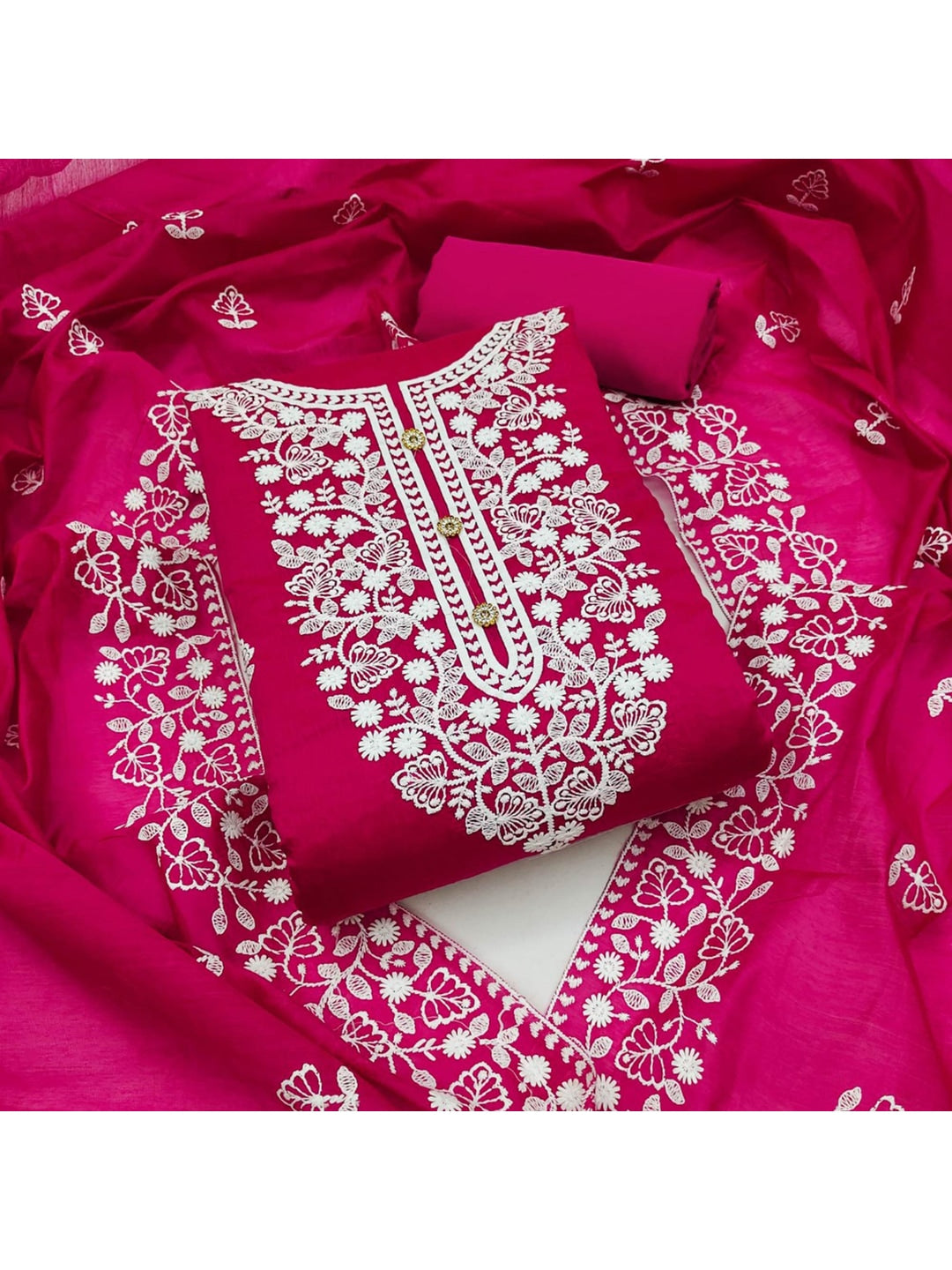 Peachmode Dark Pink Floral Embroidered Chanderi Cotton Dress Material - Image 1