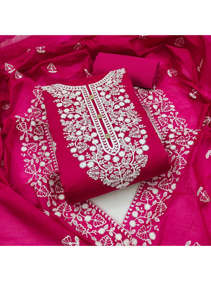 Peachmode Dark Pink Floral Embroidered Chanderi Cotton Dress Material - Image 2