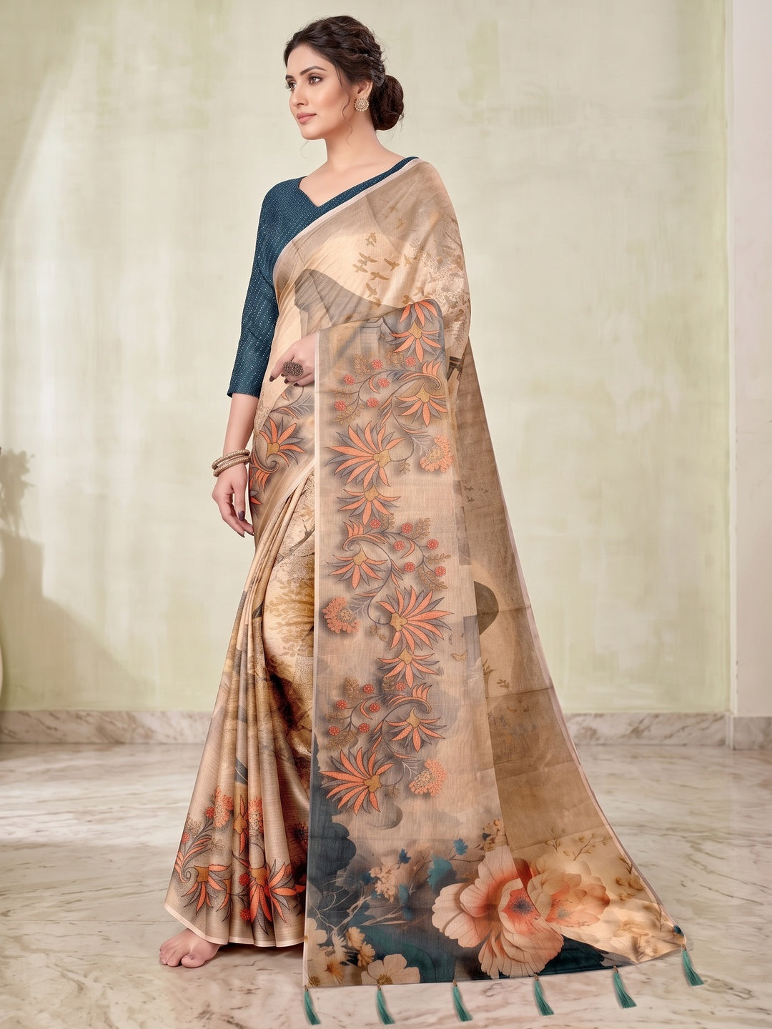 Peachmode Beige Digital Printed Tissue Cotton Saree - Image 4