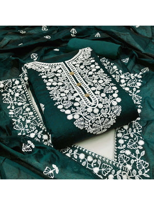 Peachmode Dark Green Floral Embroidered Chanderi Cotton Dress Material - Image 2