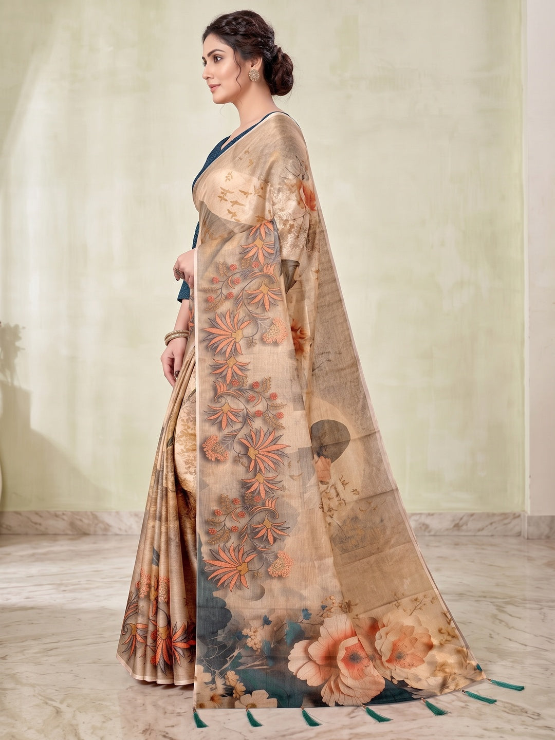 Peachmode Beige Digital Printed Tissue Cotton Saree - Image 5