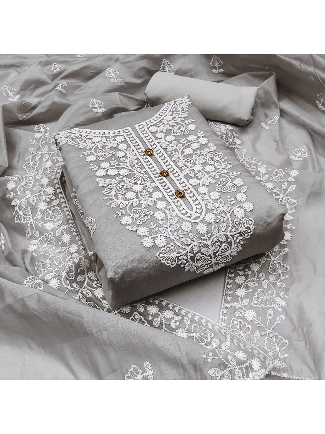 Peachmode Grey Floral Embroidered Chanderi Cotton Dress Material - Image 2