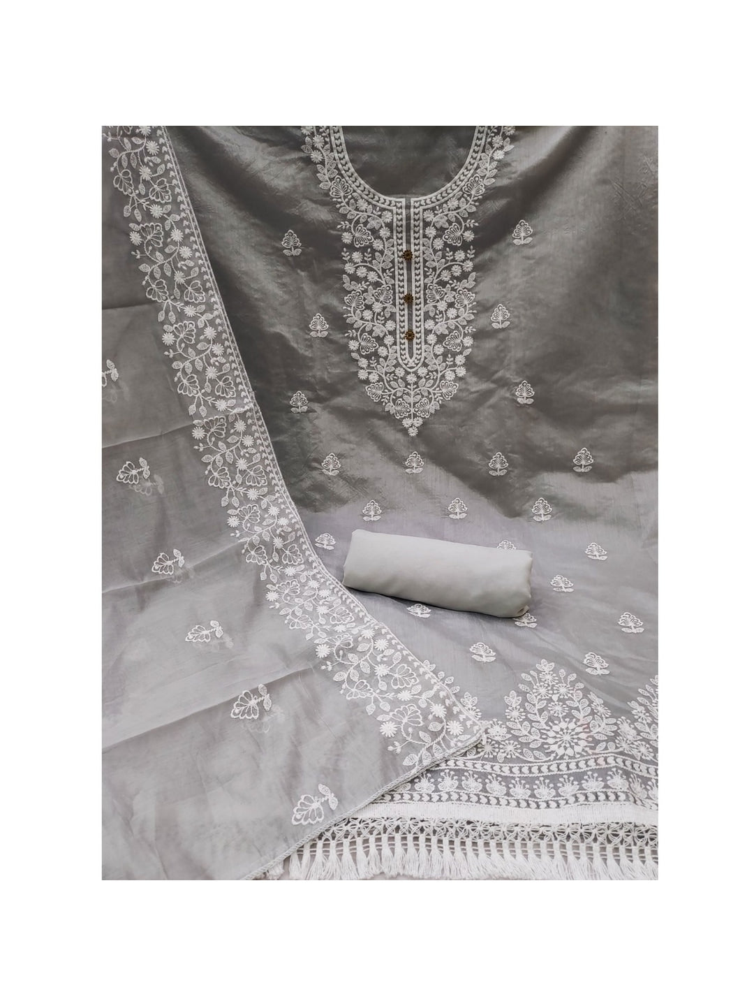 Peachmode Grey Floral Embroidered Chanderi Cotton Dress Material - Image 4