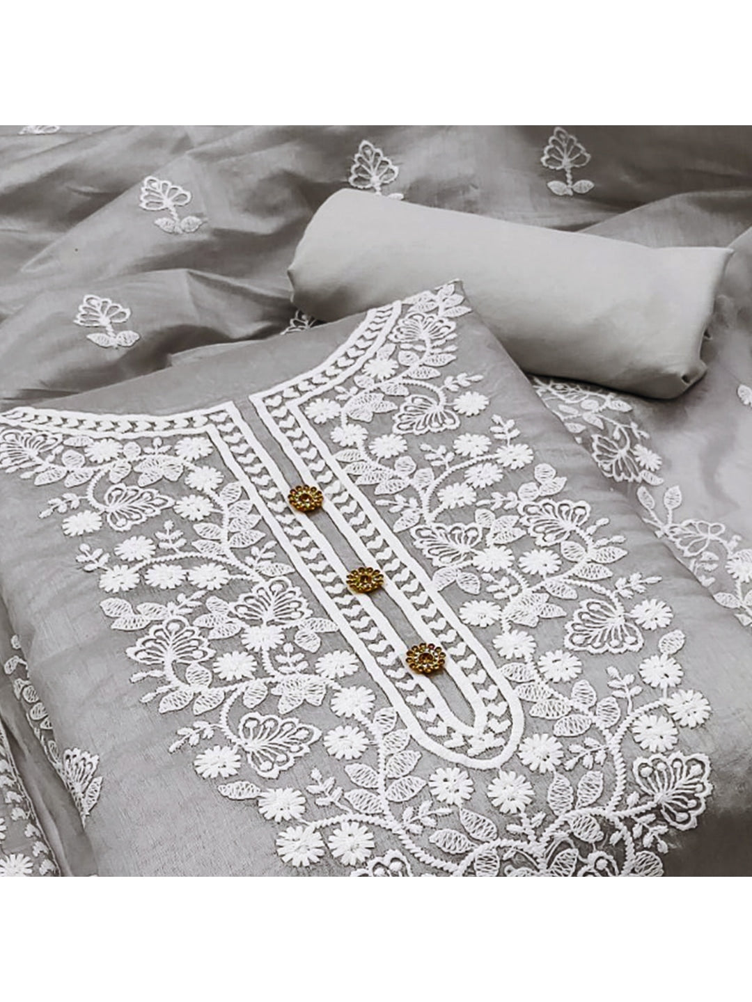 Peachmode Grey Floral Embroidered Chanderi Cotton Dress Material - Image 5