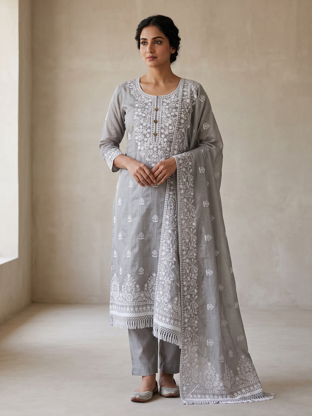 Peachmode Grey Floral Embroidered Chanderi Cotton Dress Material - Image 1
