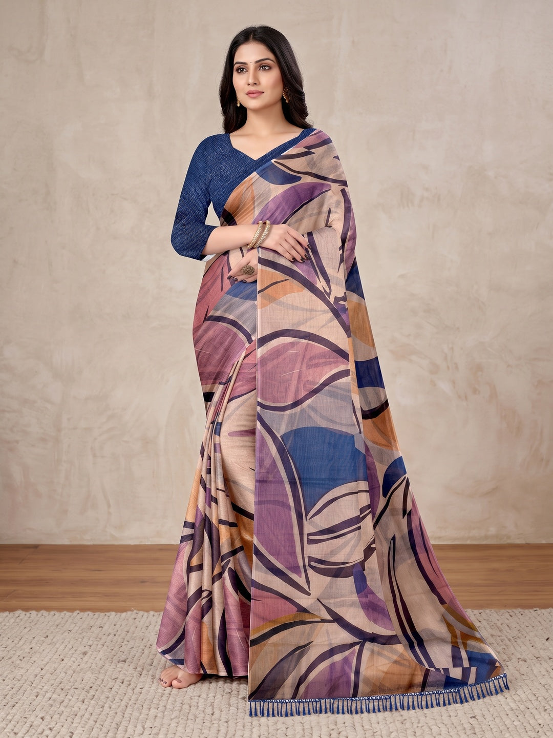 Peachmode Lavender Digital Printed Tissue Cotton Saree - Image 1
