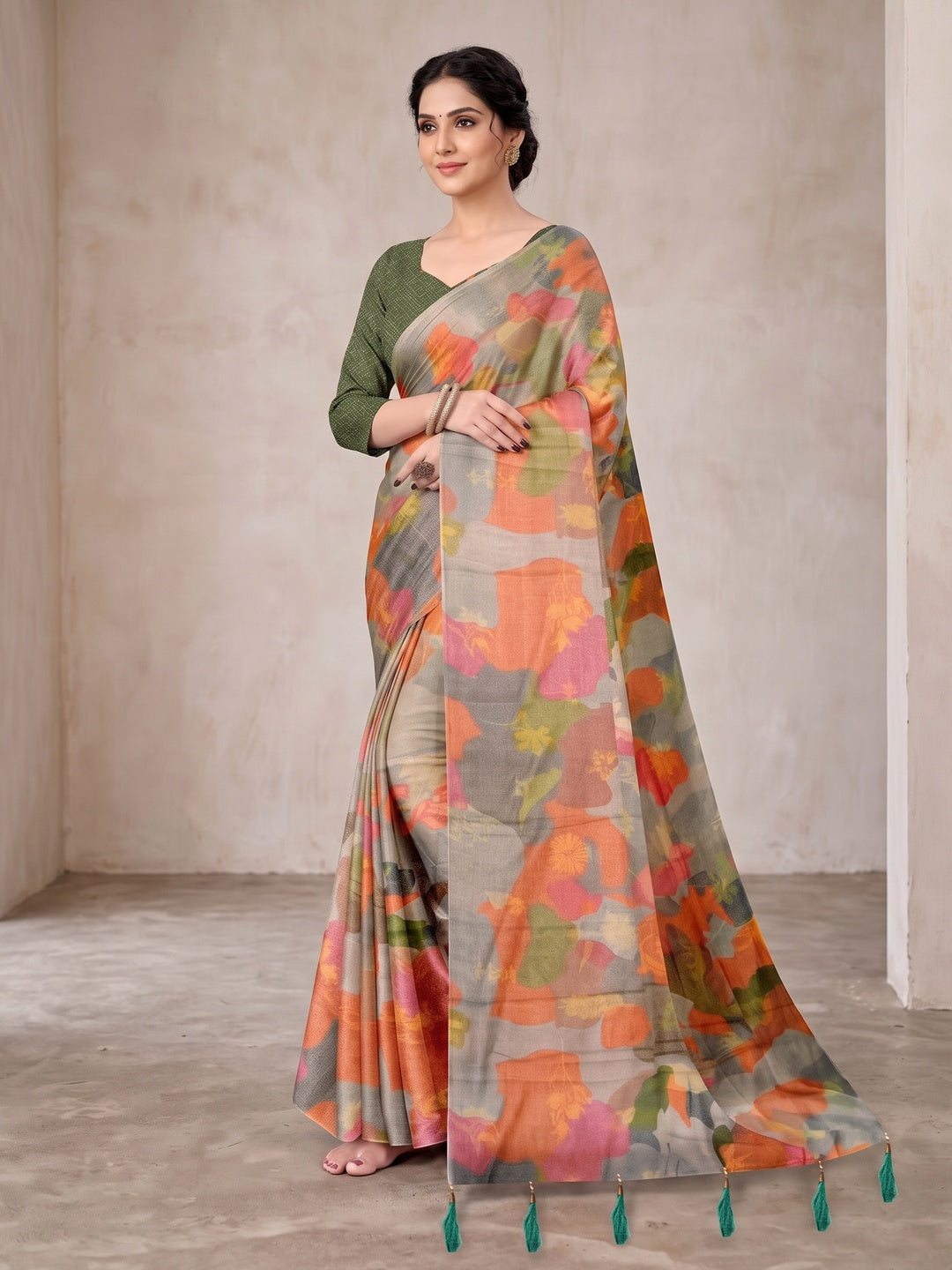 Peachmode Sage Green Digital Printed Tissue Cotton Saree - Image 3