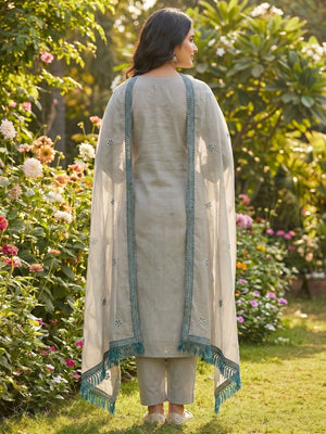 Grey Floral Embroidered Pure Cotton Dress Material - Image 2