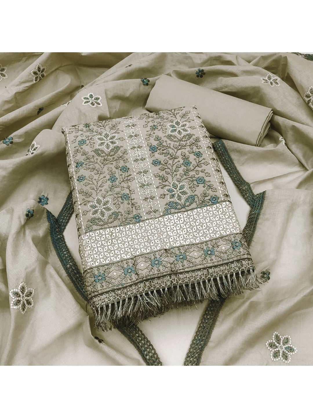 Grey Floral Embroidered Pure Cotton Dress Material - Image 4