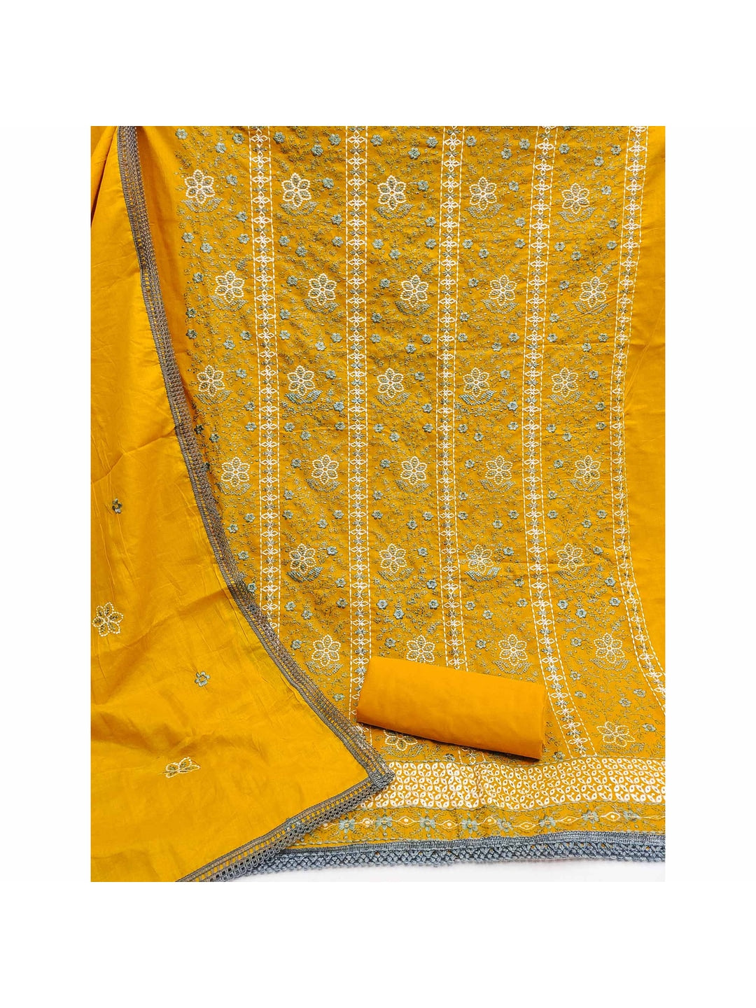 Mustard Floral Embroidered Pure Cotton Dress Material - Image 2