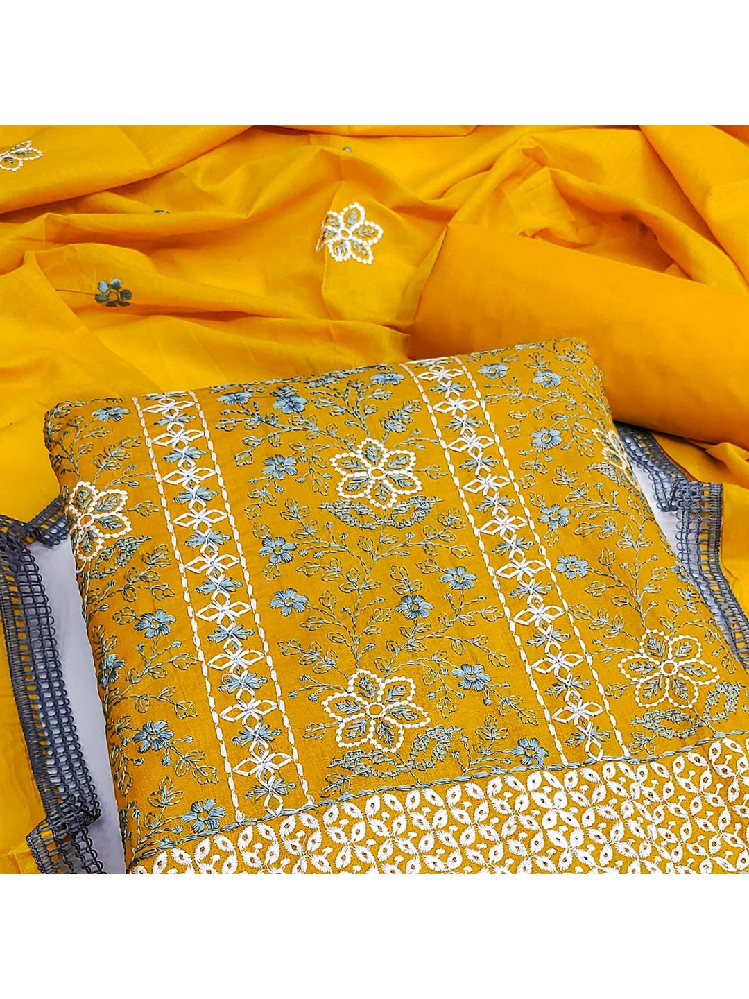 Mustard Floral Embroidered Pure Cotton Dress Material - Image 4
