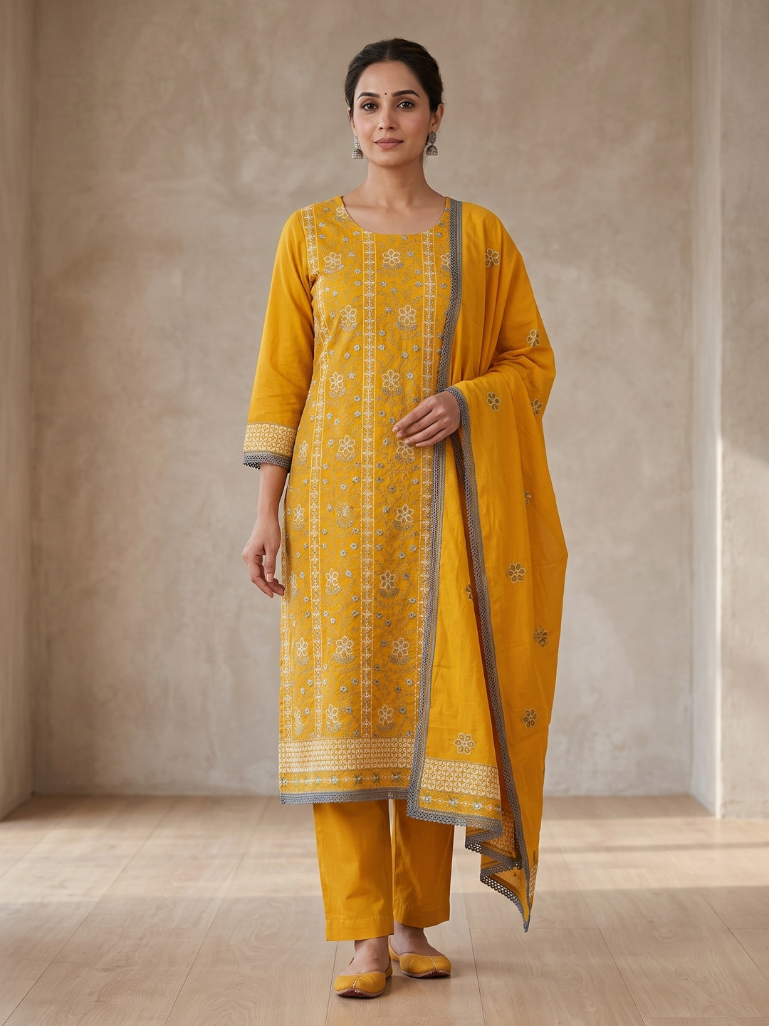 Mustard Floral Embroidered Pure Cotton Dress Material - Image 1