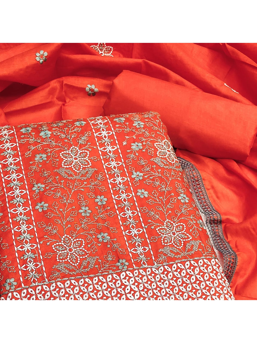 Orange Floral Embroidered Pure Cotton Dress Material - Image 1