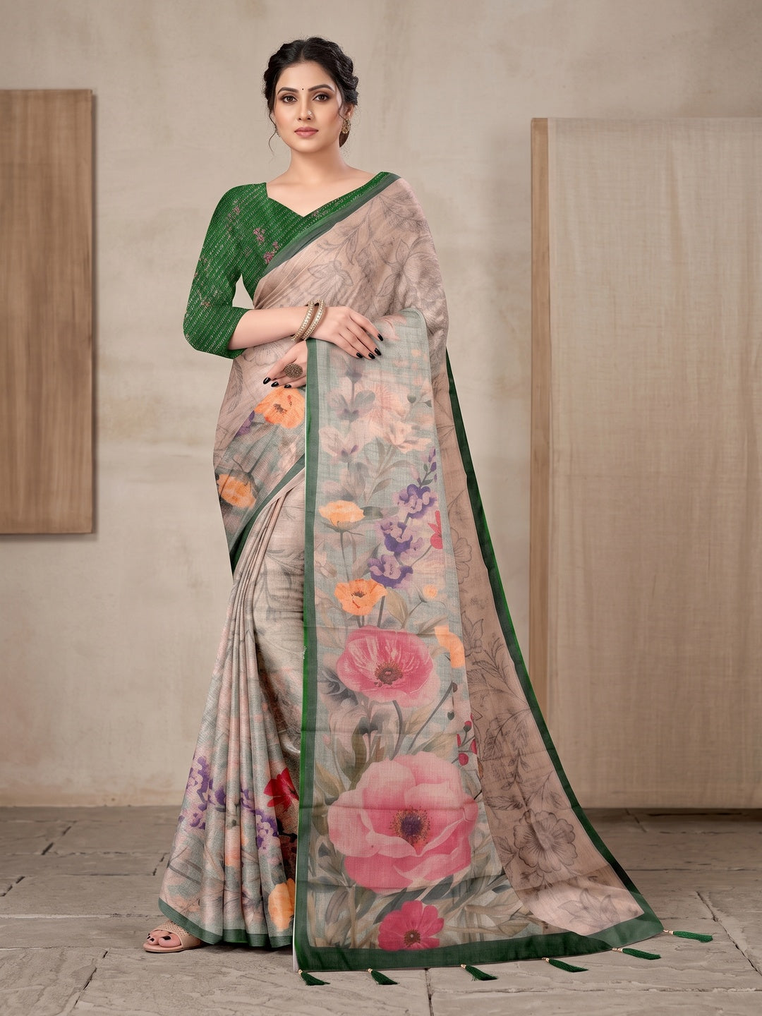 Peachmode Grey Digital Printed Tissue Cotton Saree - Image 1