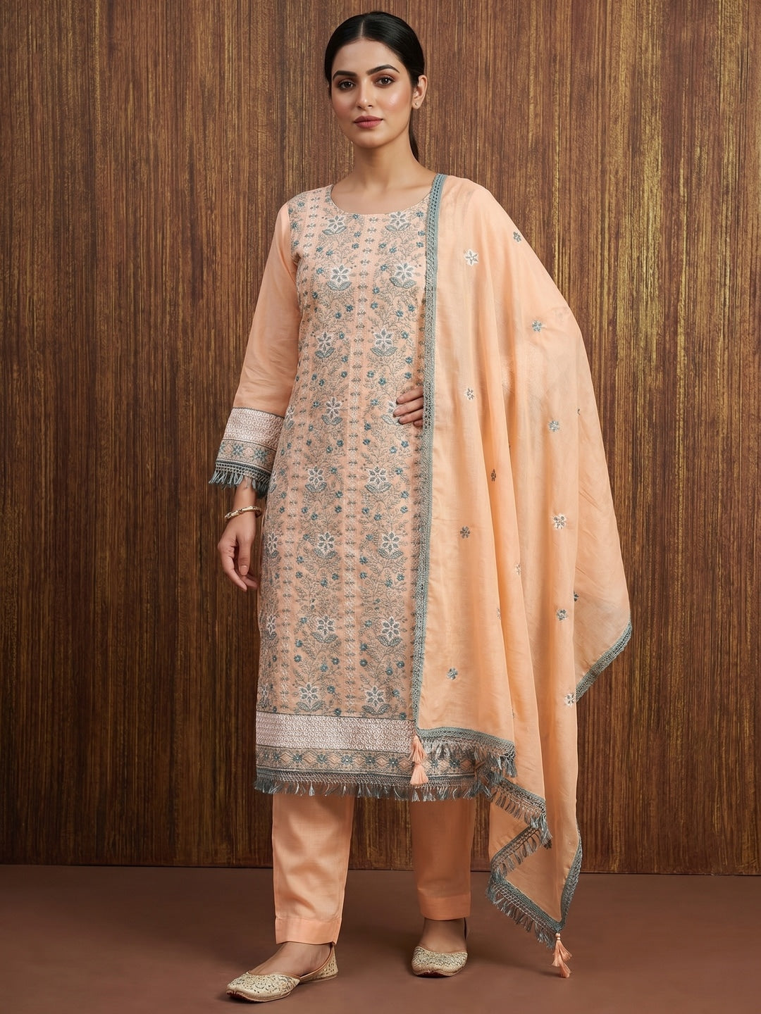 Peach Floral Embroidered Pure Cotton Dress Material - Image 1