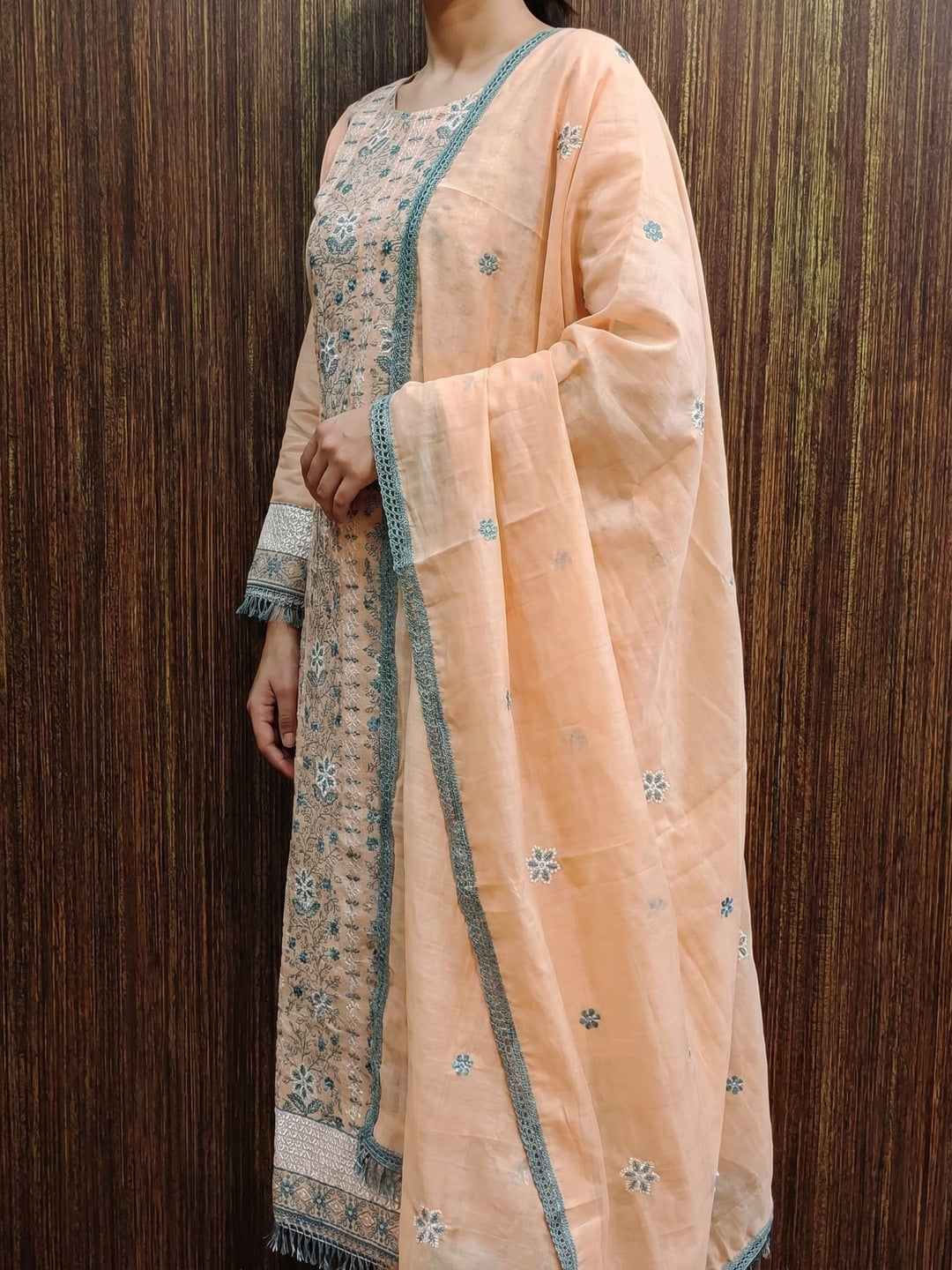 Peach Floral Embroidered Pure Cotton Dress Material - Image 3