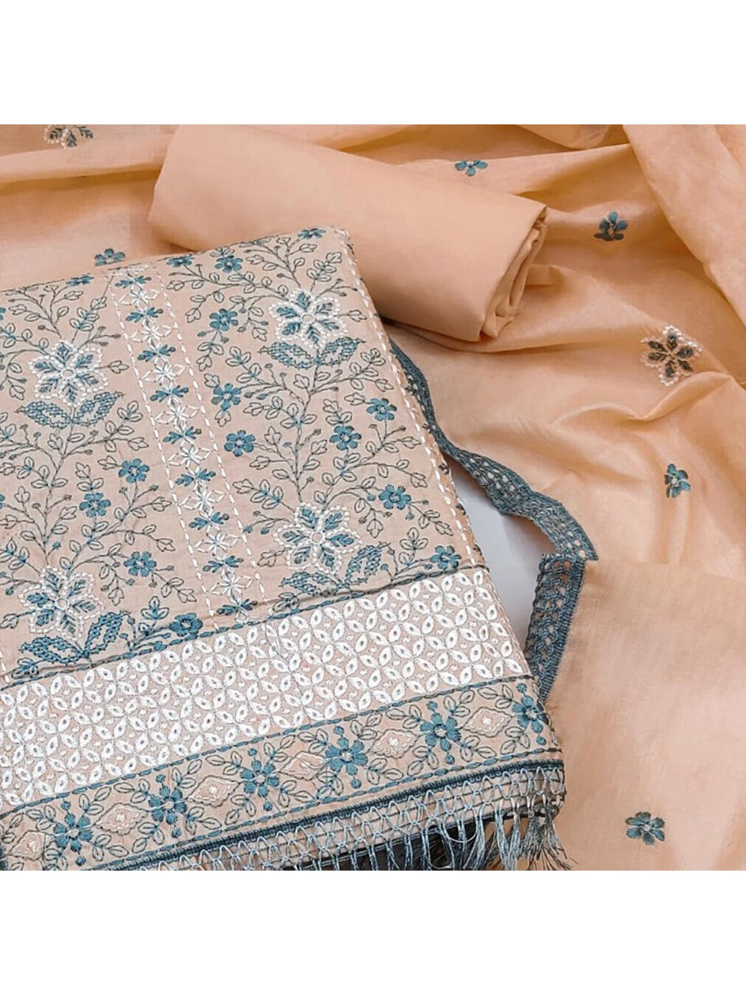 Peach Floral Embroidered Pure Cotton Dress Material - Image 4