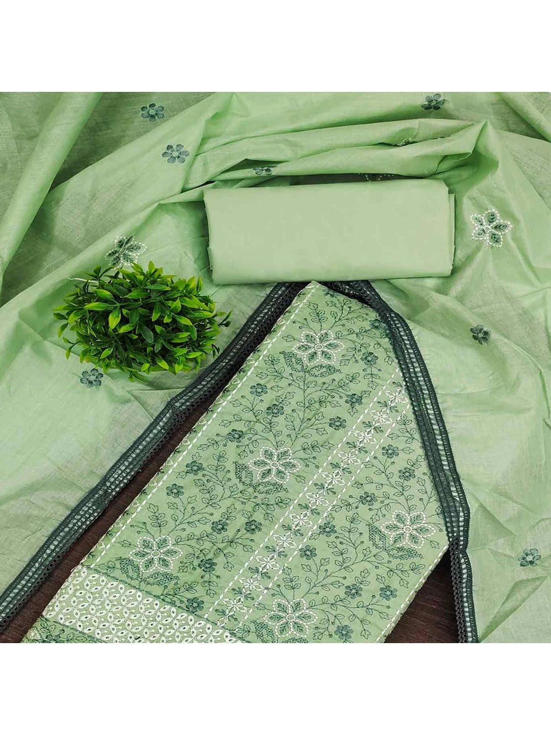 Pista Green Floral Embroidered Pure Cotton Dress Material - Image 2