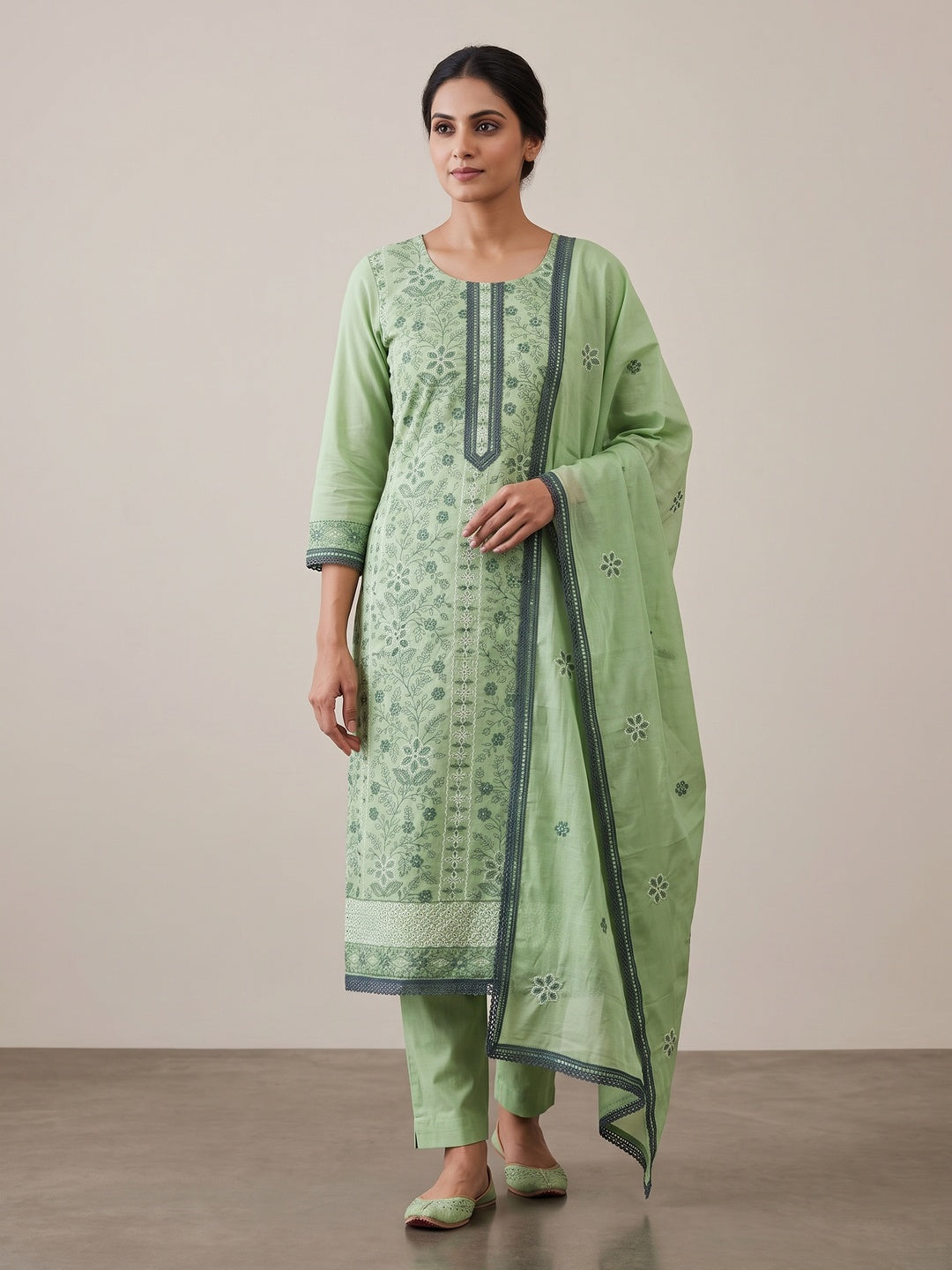 Pista Green Floral Embroidered Pure Cotton Dress Material - Image 1