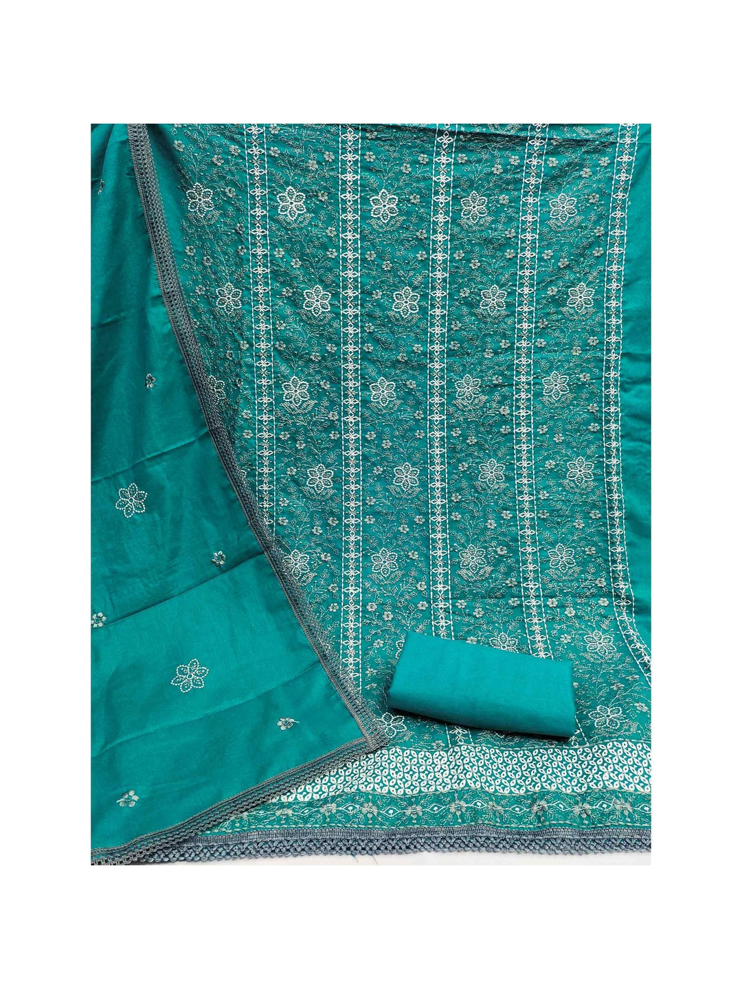 Rama Blue Floral Embroidered Pure Cotton Dress Material - Image 2