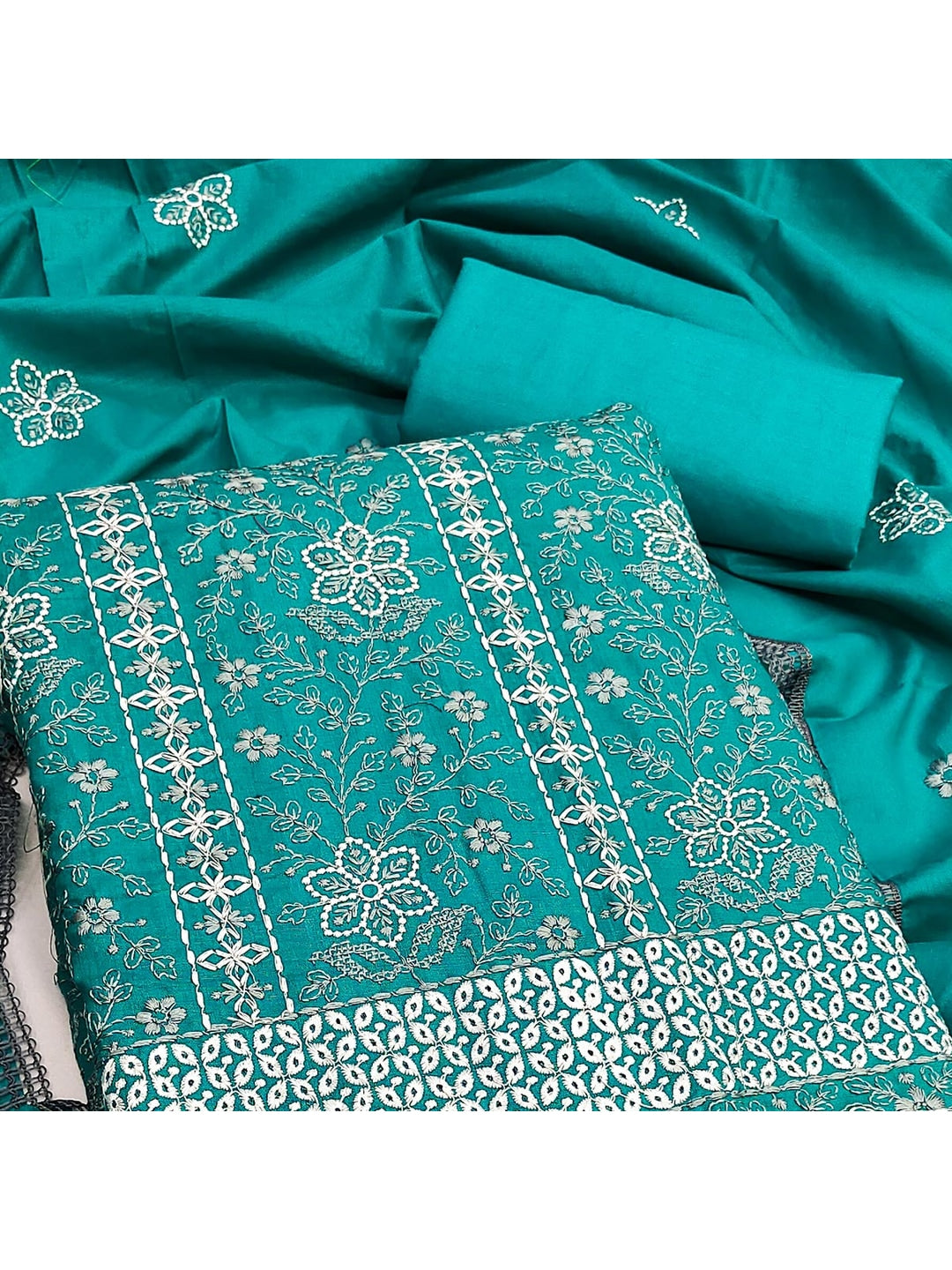 Rama Blue Floral Embroidered Pure Cotton Dress Material - Image 3