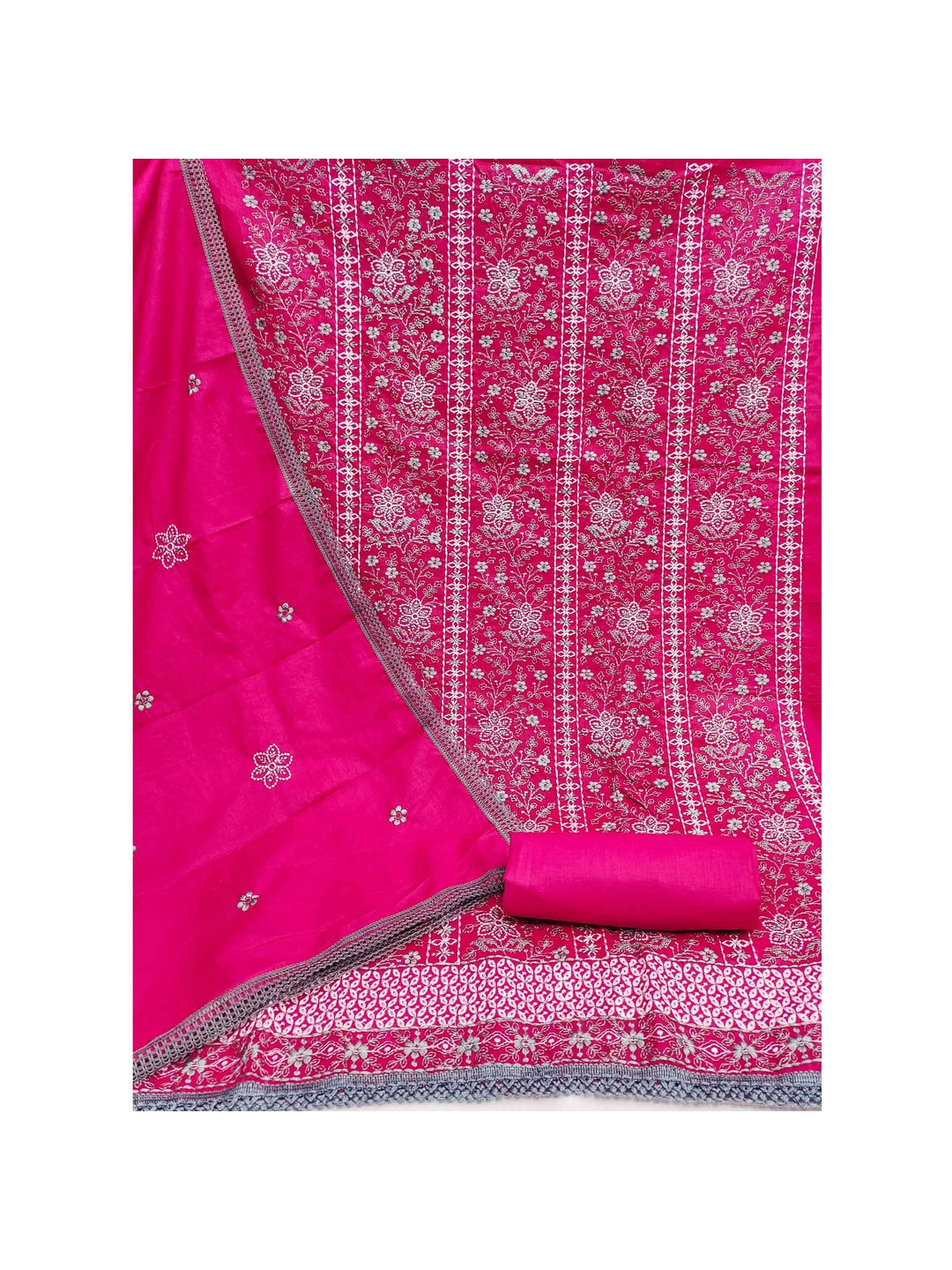 Rani Pink Floral Embroidered Pure Cotton Dress Material - Image 5