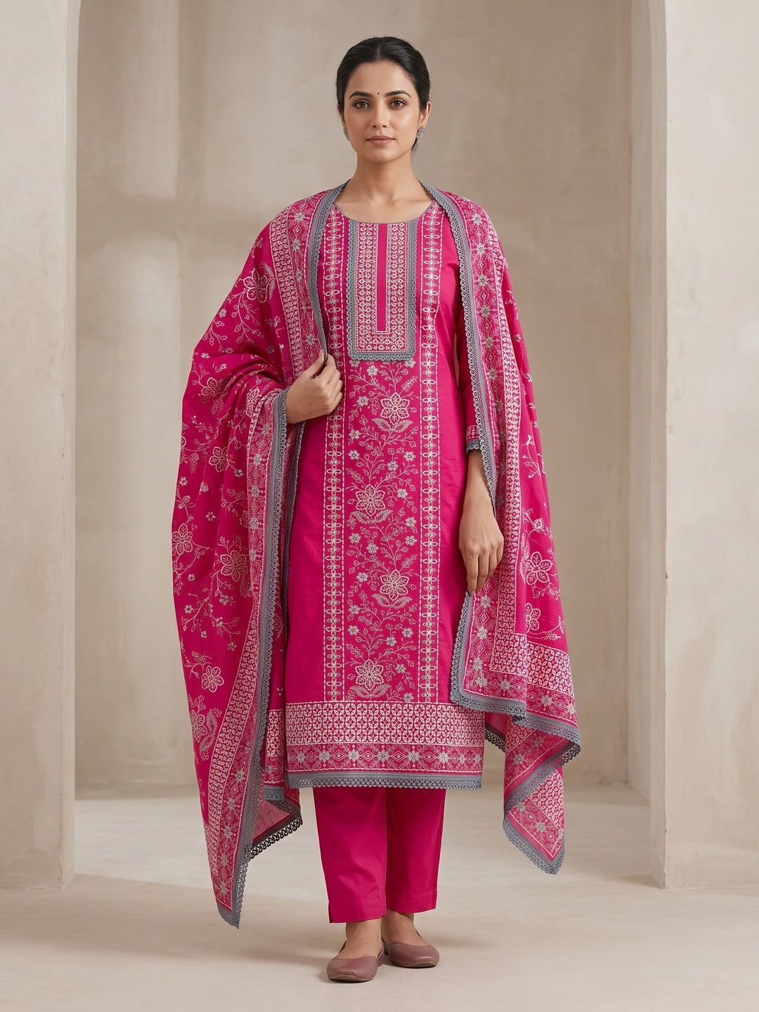 Rani Pink Floral Embroidered Pure Cotton Dress Material - Image 1